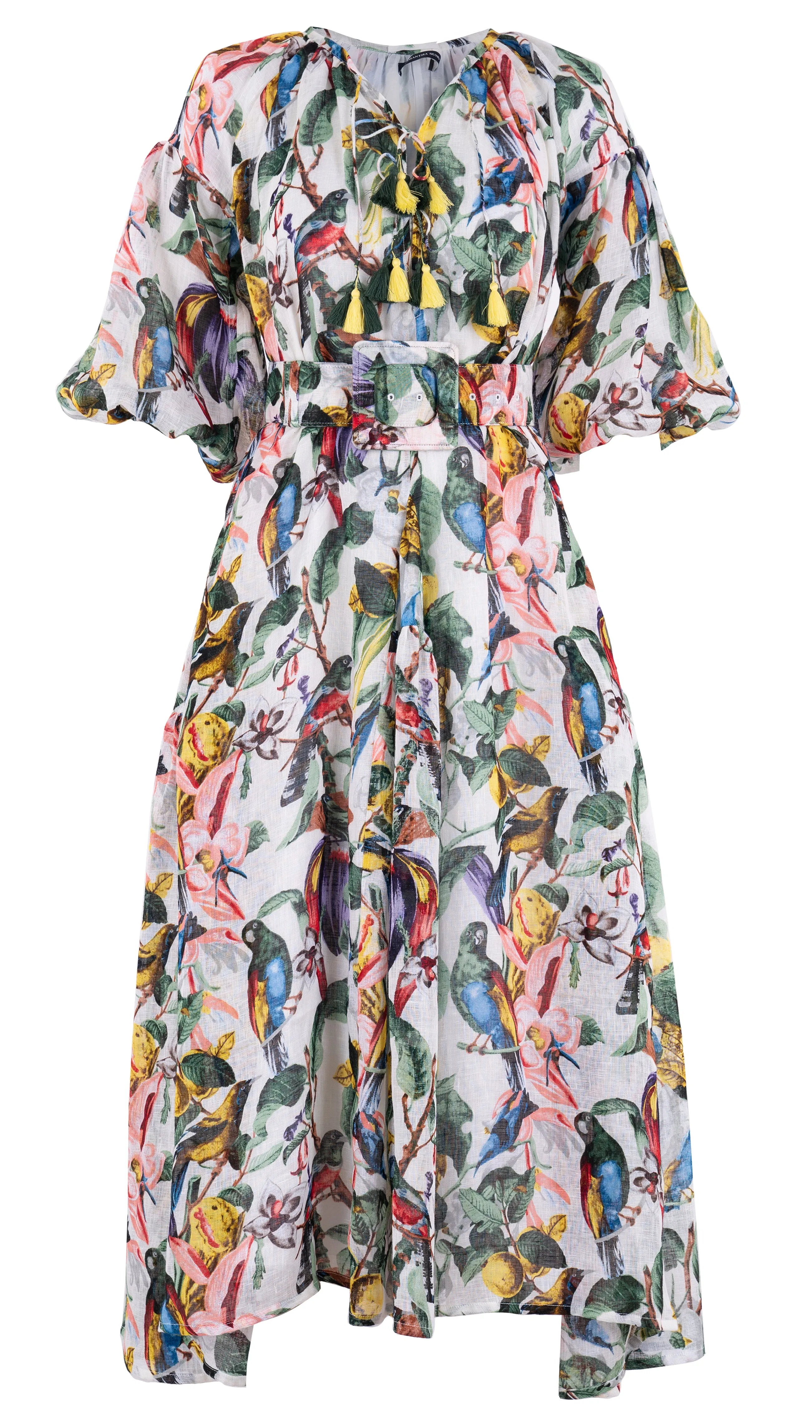 Birdy Dress #1 Crew Neck 3/4 Puff Sleeve with Hamilton Belt Midi Plus Length Linen (Blue Bird)