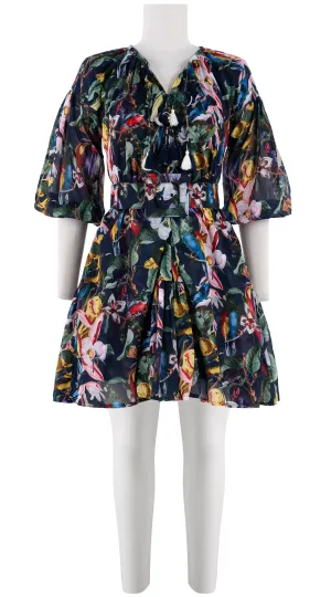 Birdy Dress #1 Crew Neck 3/4 Puff Sleeve with Hamilton Belt Mini Length Cotton Musola (Blue Bird)