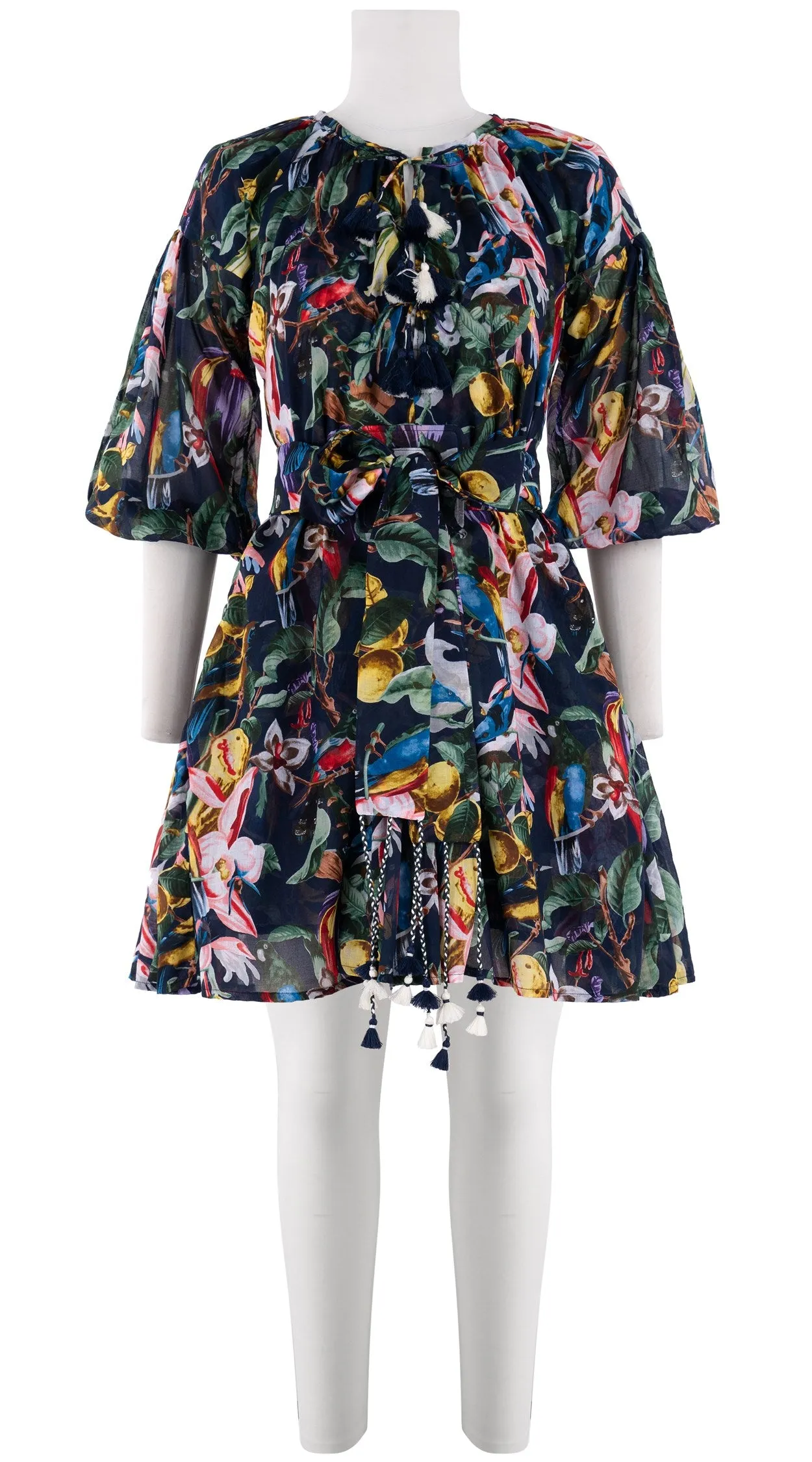 Birdy Dress #1 Crew Neck 3/4 Puff Sleeve with Hamilton Belt Mini Length Cotton Musola (Blue Bird)