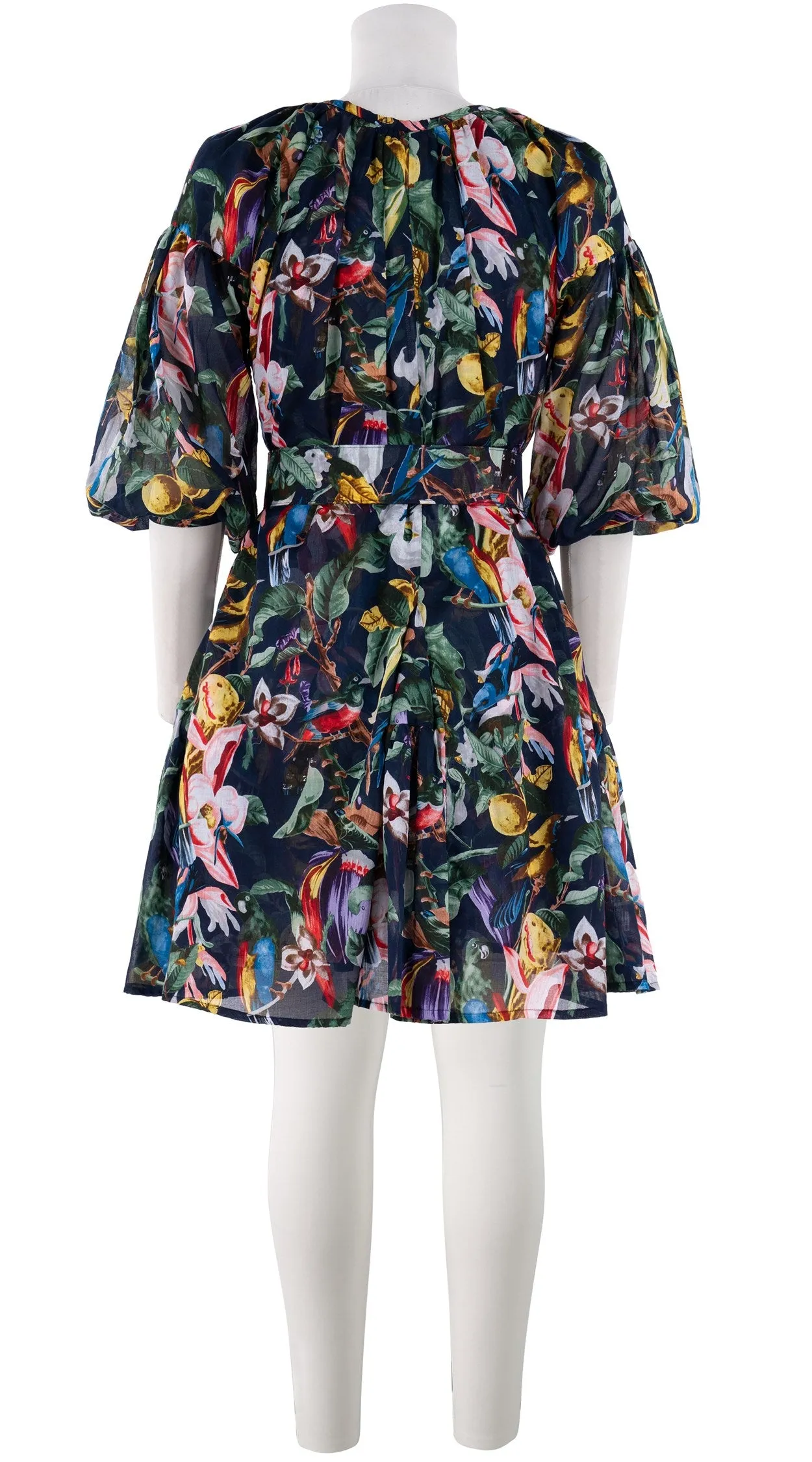 Birdy Dress #1 Crew Neck 3/4 Puff Sleeve with Hamilton Belt Mini Length Cotton Musola (Blue Bird)