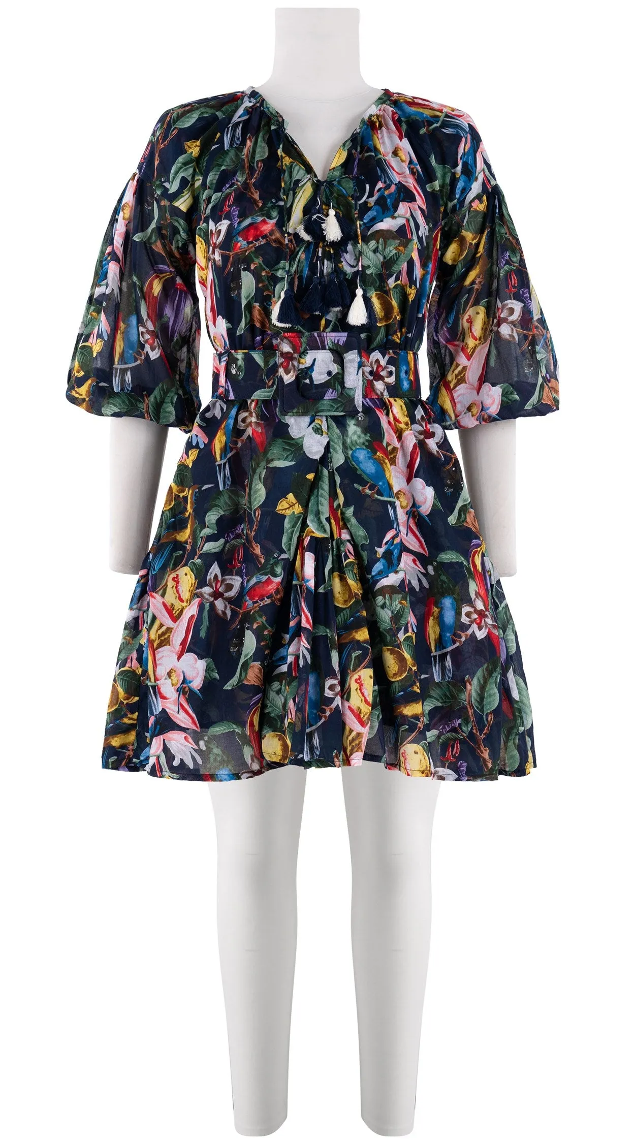 Birdy Dress #1 Crew Neck 3/4 Puff Sleeve with Hamilton Belt Mini Length Cotton Musola (Blue Bird)