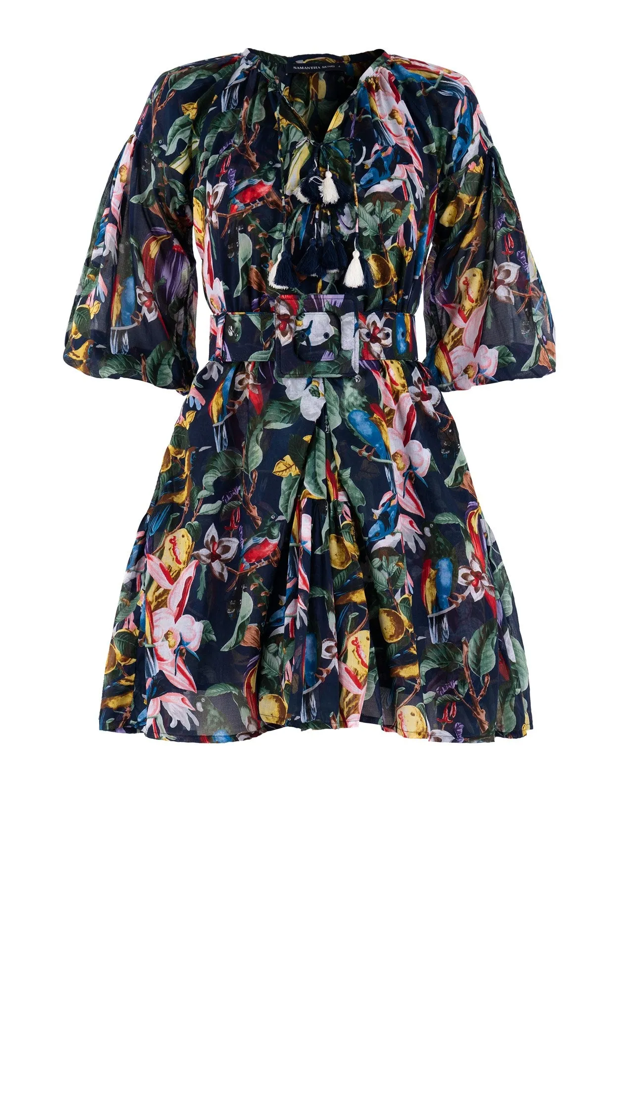 Birdy Dress #1 Crew Neck 3/4 Puff Sleeve with Hamilton Belt Mini Length Cotton Musola (Blue Bird)