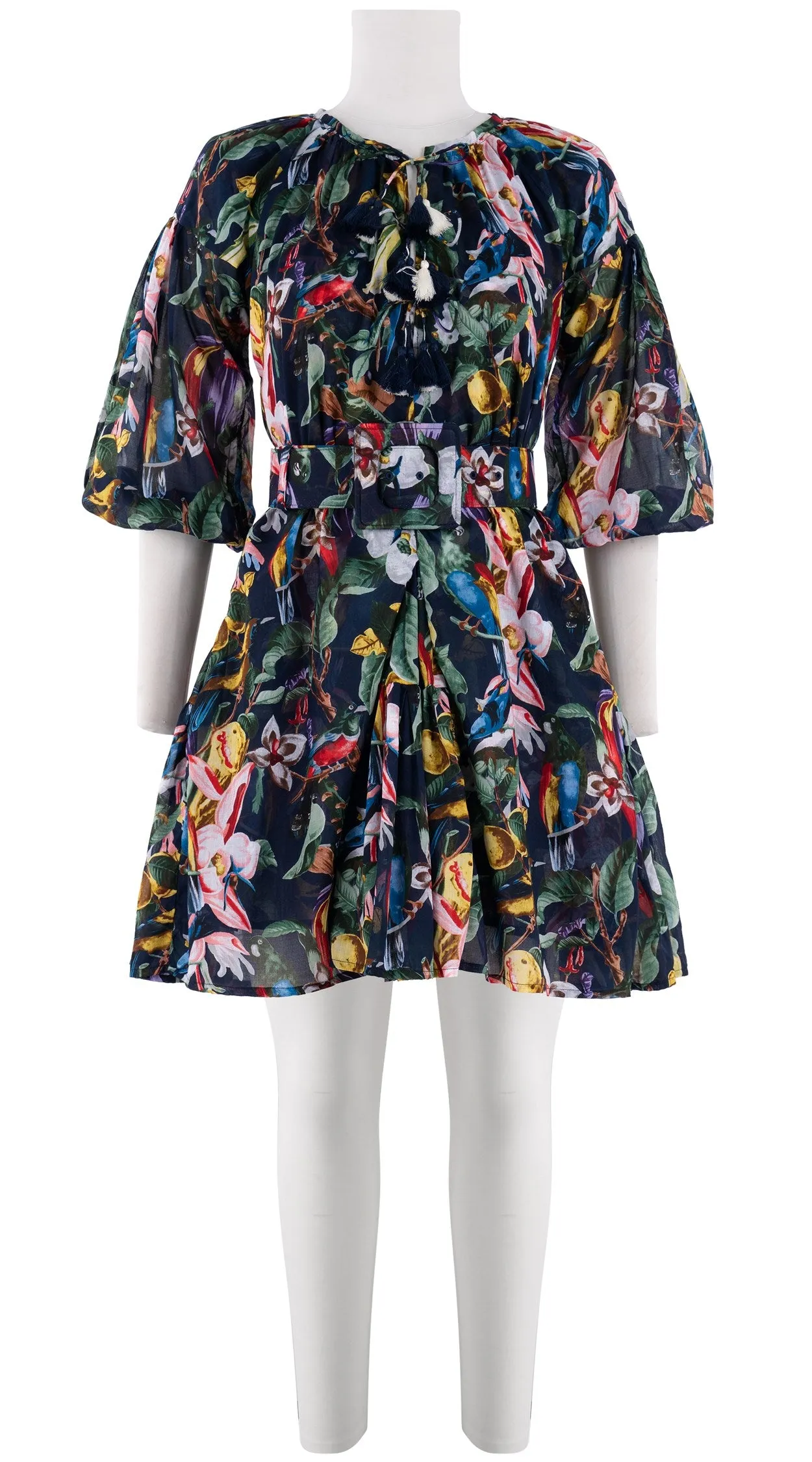 Birdy Dress #1 Crew Neck 3/4 Puff Sleeve with Hamilton Belt Mini Length Cotton Musola (Blue Bird)
