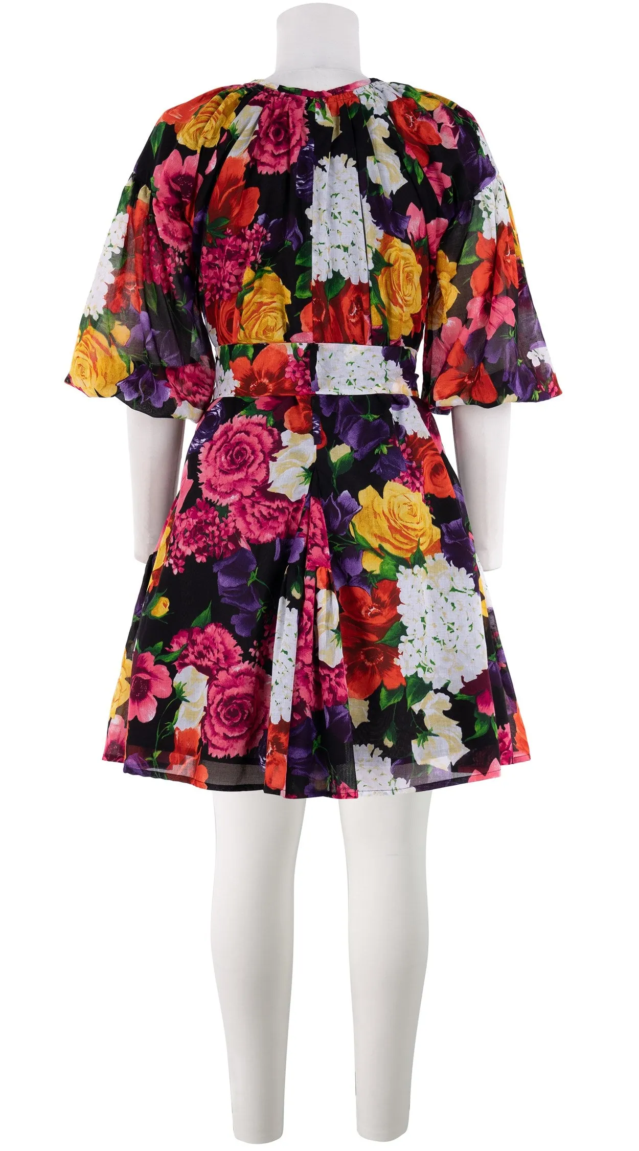 Birdy Dress #1 Crew Neck 3/4 Puff Sleeve with Hamilton Belt Mini Length Cotton Musola (Zinnia Flower)