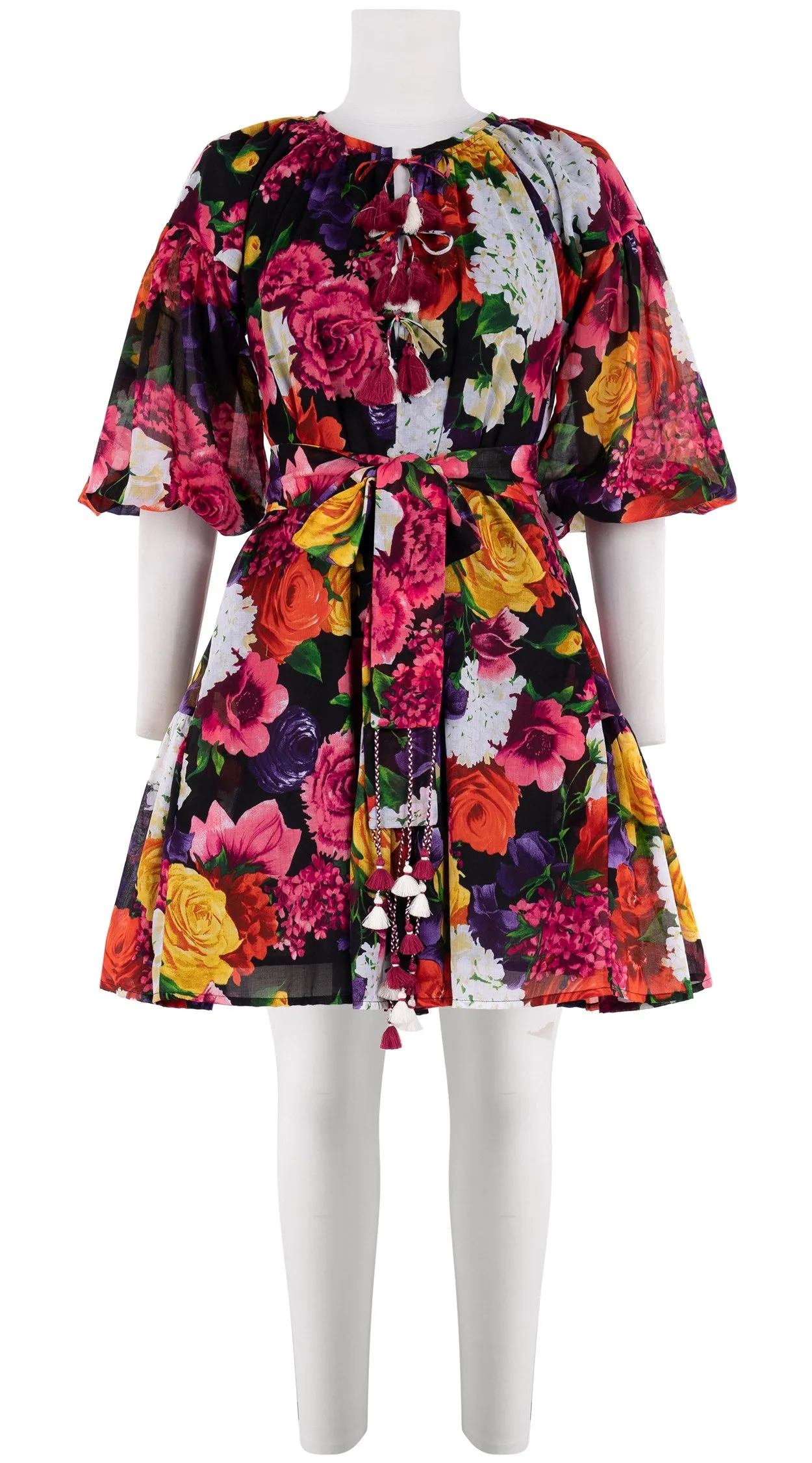 Birdy Dress #1 Crew Neck 3/4 Puff Sleeve with Hamilton Belt Mini Length Cotton Musola (Zinnia Flower)