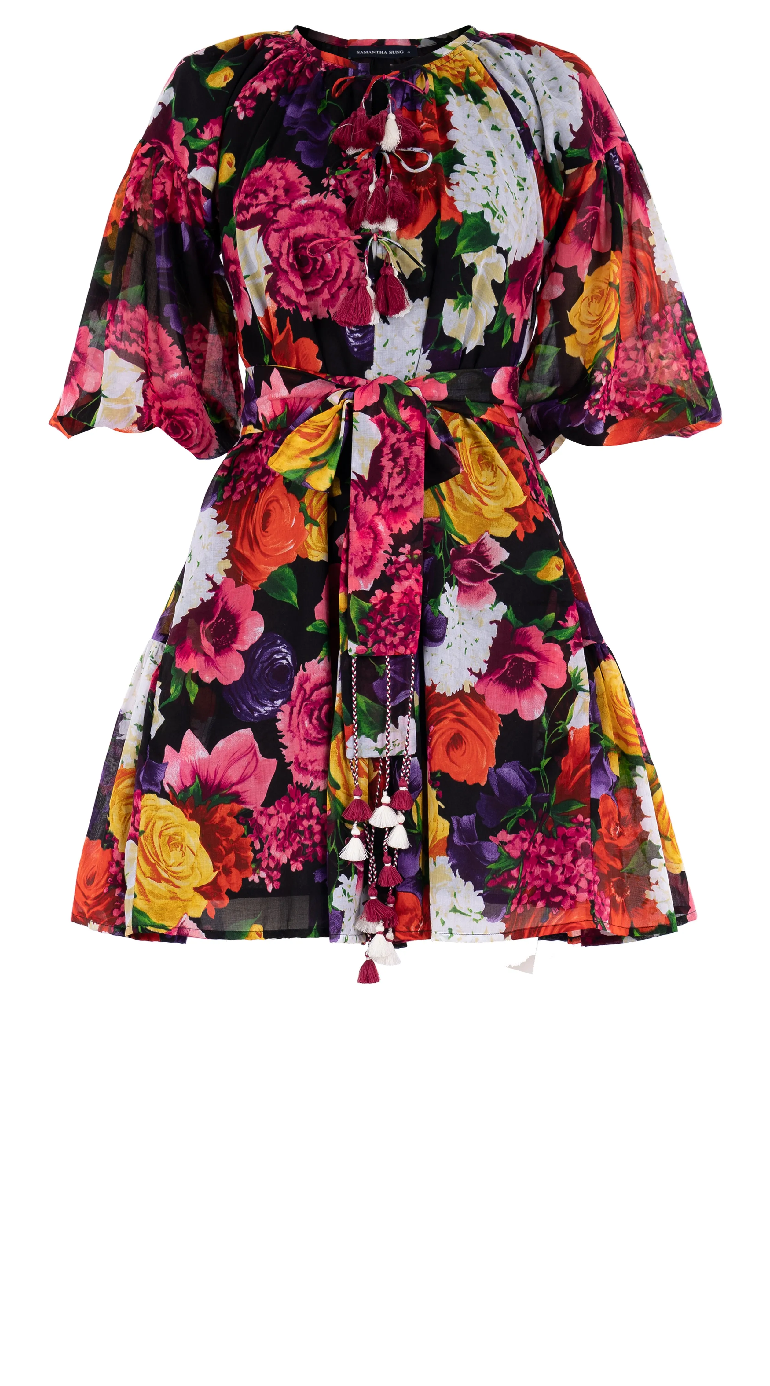 Birdy Dress #1 Crew Neck 3/4 Puff Sleeve with Hamilton Belt Mini Length Cotton Musola (Zinnia Flower)
