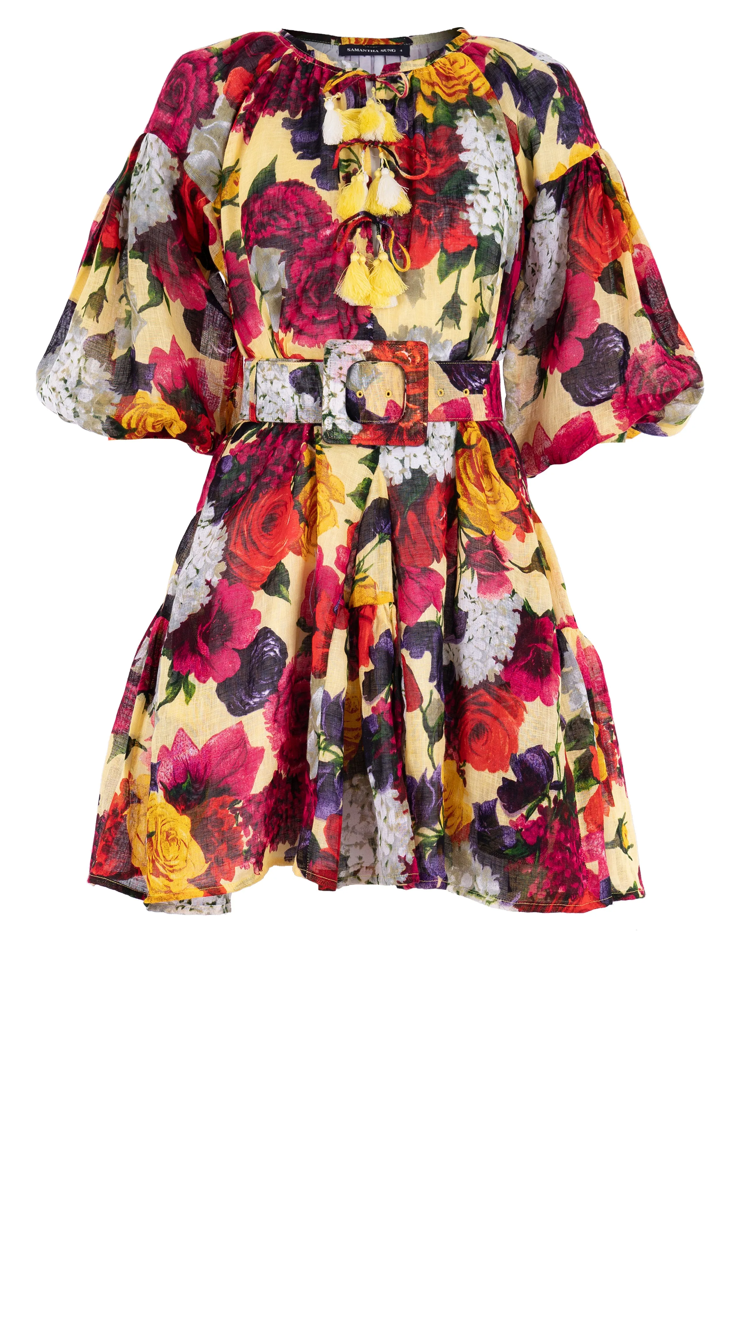 Birdy Dress #1 Crew Neck 3/4 Puff Sleeve with Hamilton Belt Mini Length Linen (Zinnia Flower)