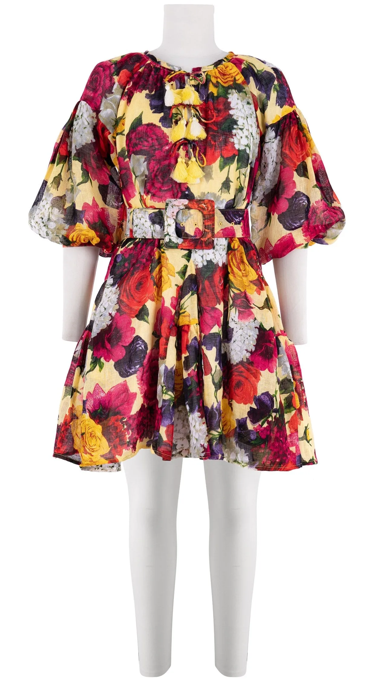 Birdy Dress #1 Crew Neck 3/4 Puff Sleeve with Hamilton Belt Mini Length Linen (Zinnia Flower)