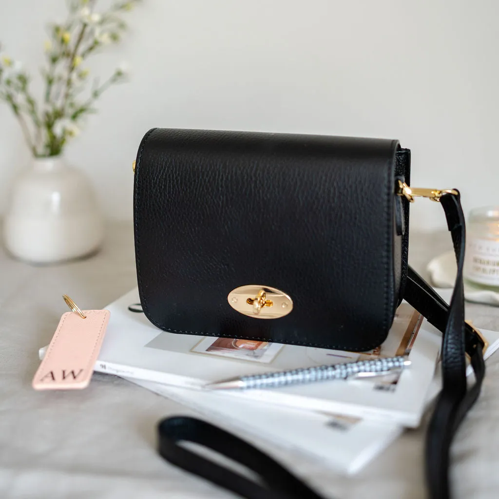 Black Leather Crossbody Lock Bag