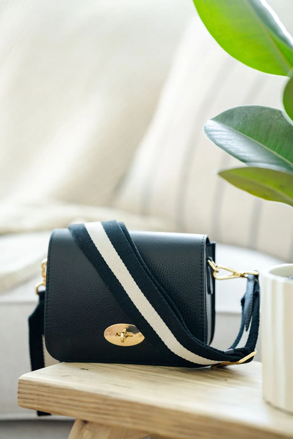 Black Leather Crossbody Lock Bag