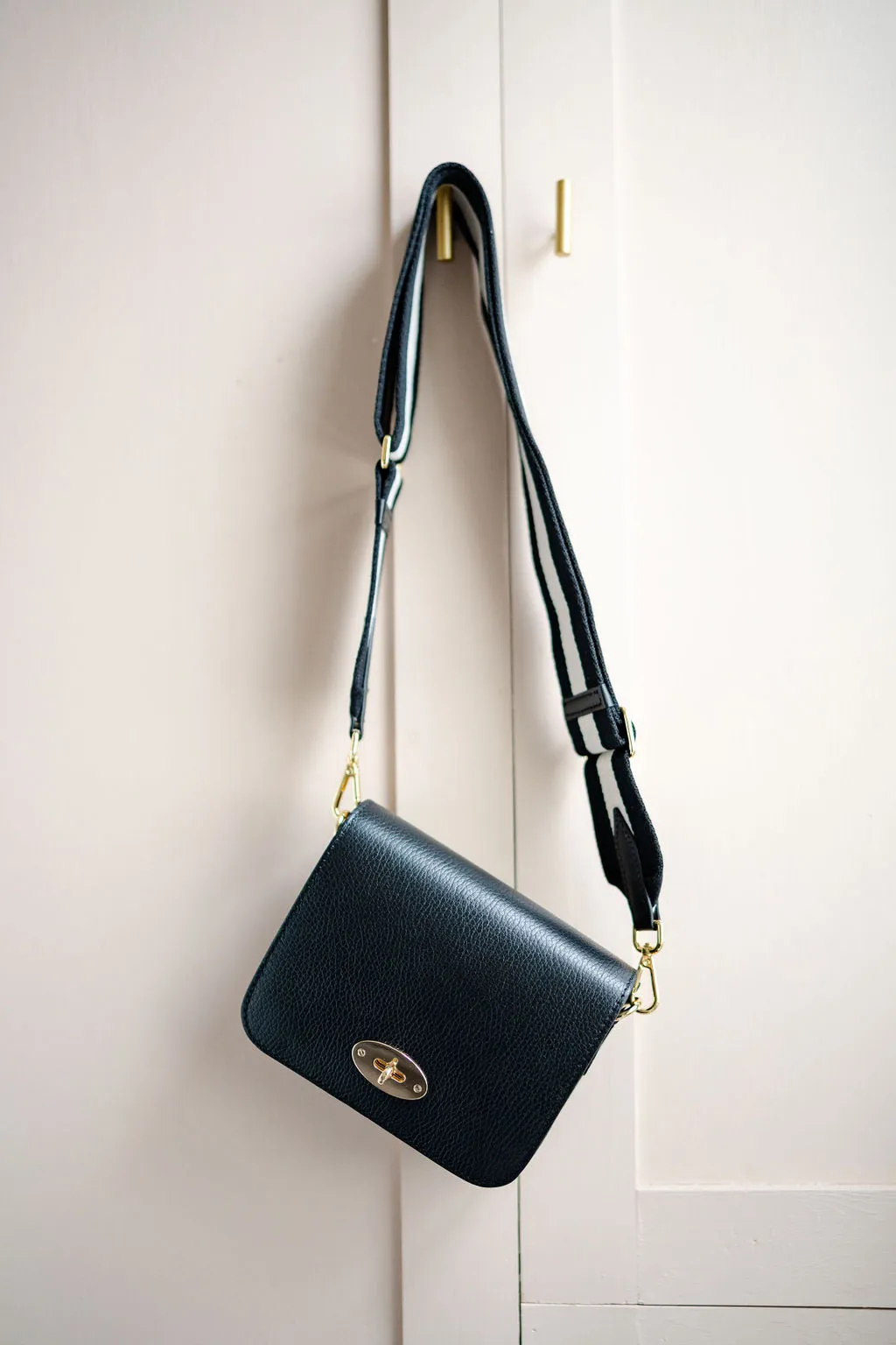 Black Leather Crossbody Lock Bag