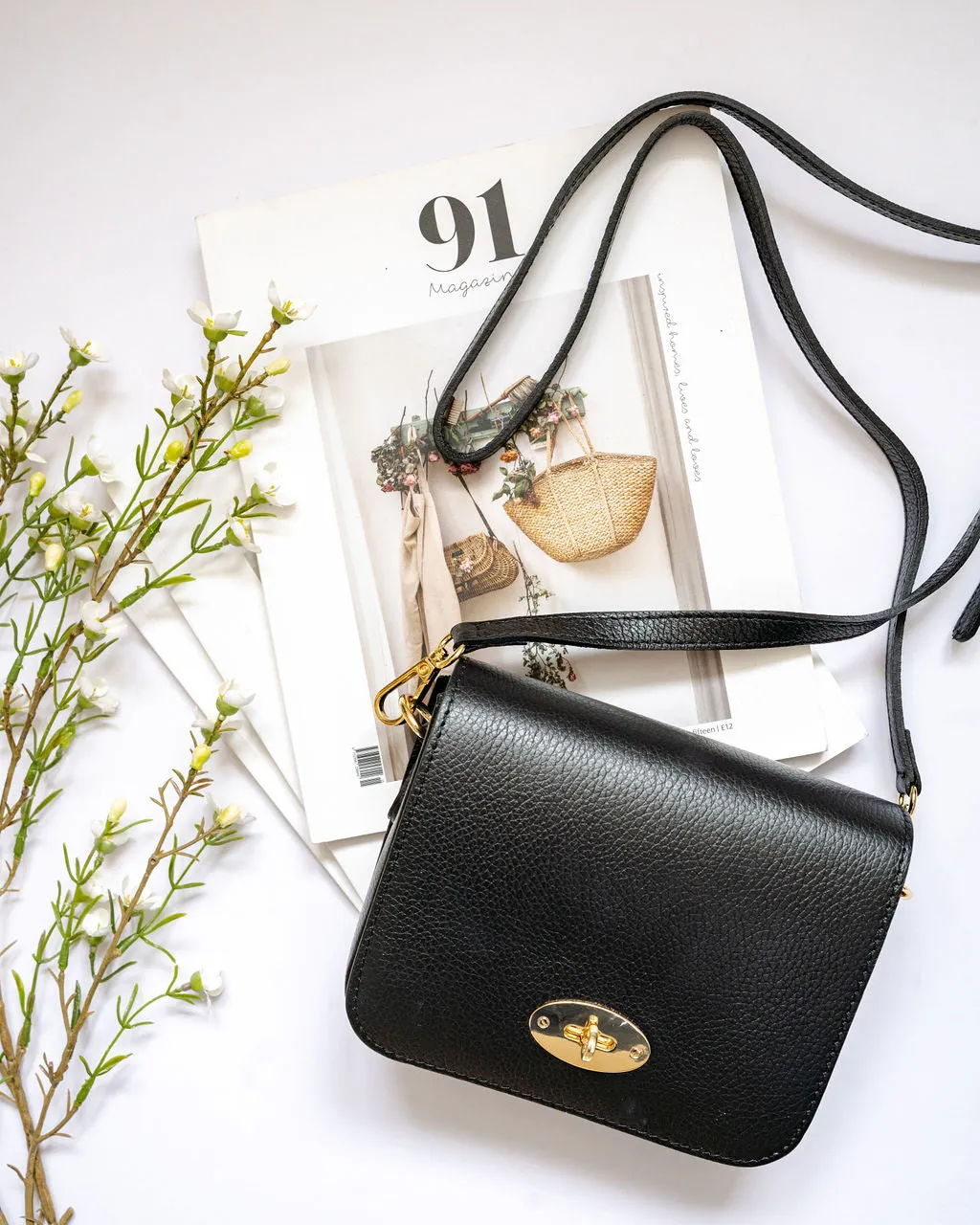 Black Leather Crossbody Lock Bag