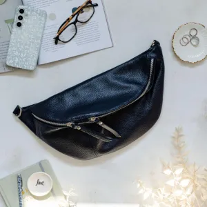 Black Leather Large Waist Bag (silver hardware)