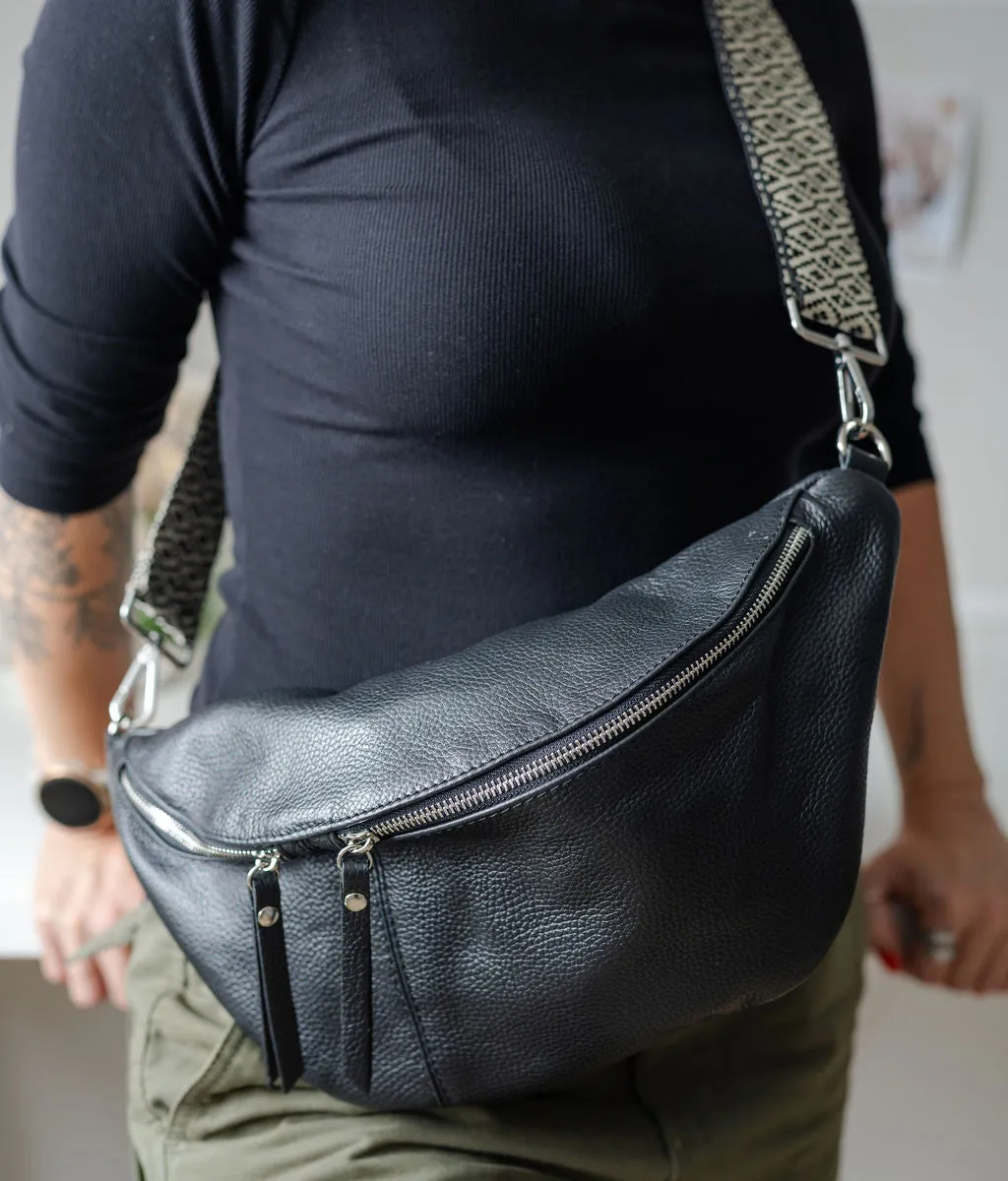 Black Leather Large Waist Bag (silver hardware)