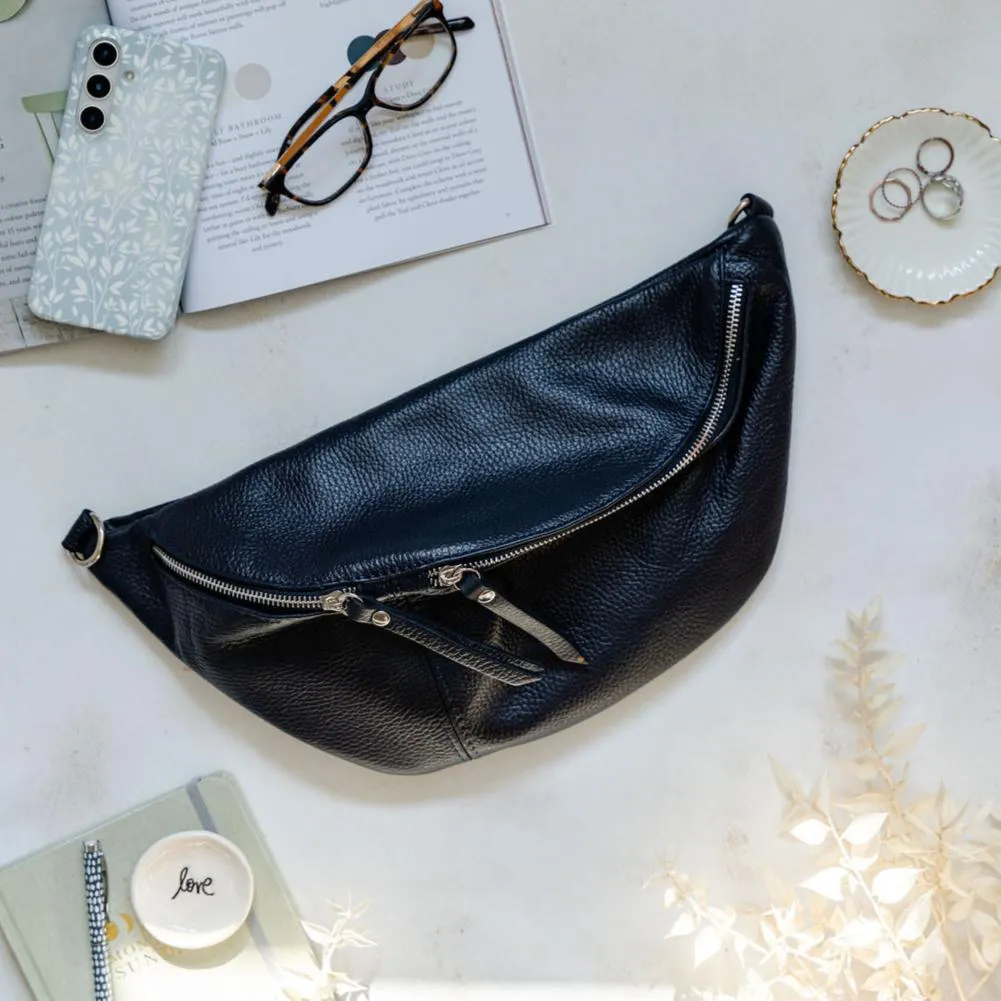 Black Leather Large Waist Bag (silver hardware)
