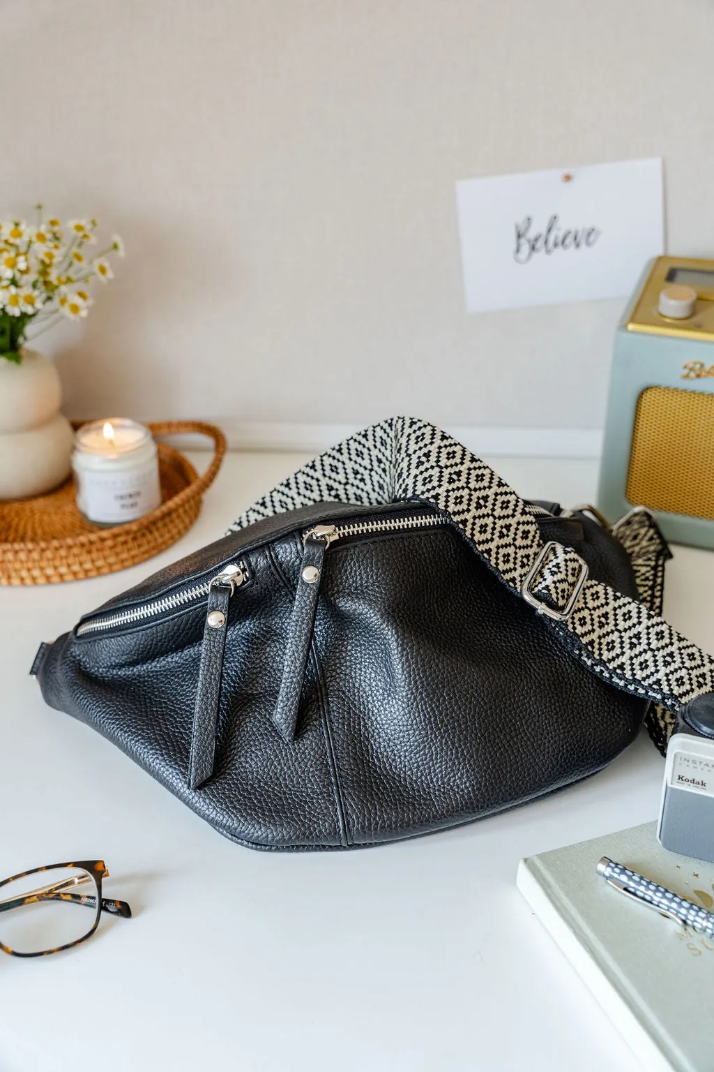 Black Leather Large Waist Bag (silver hardware)