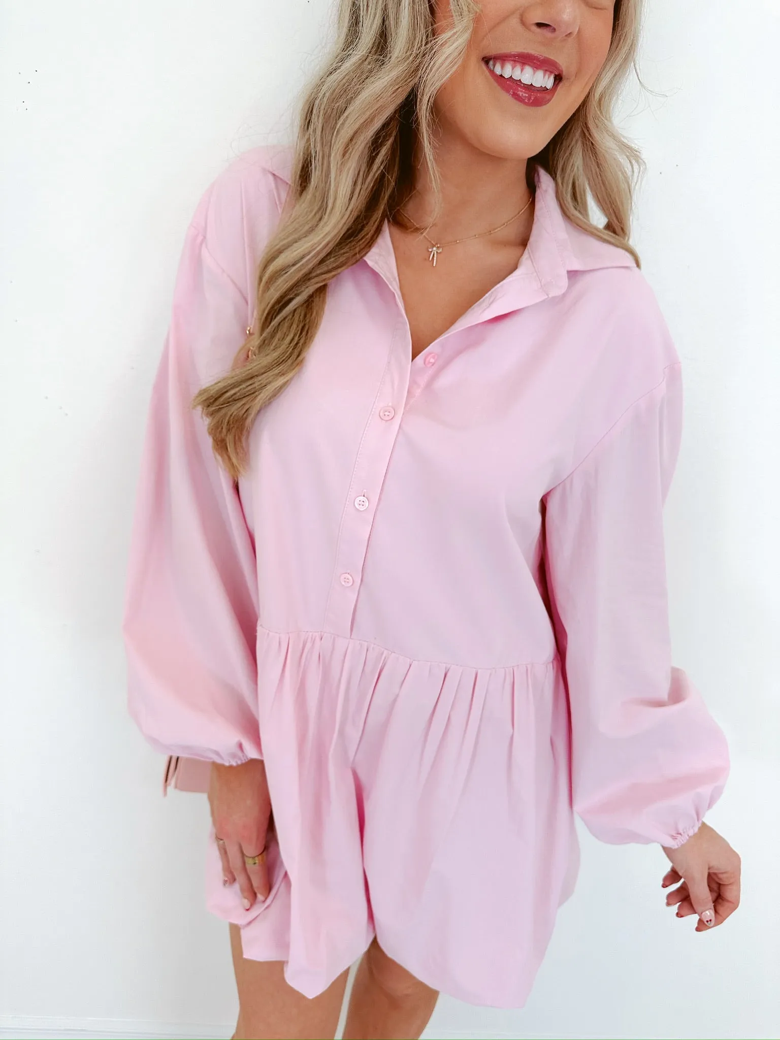Blissful Sophistication Bubble Hem Mini Dress - Light Pink
