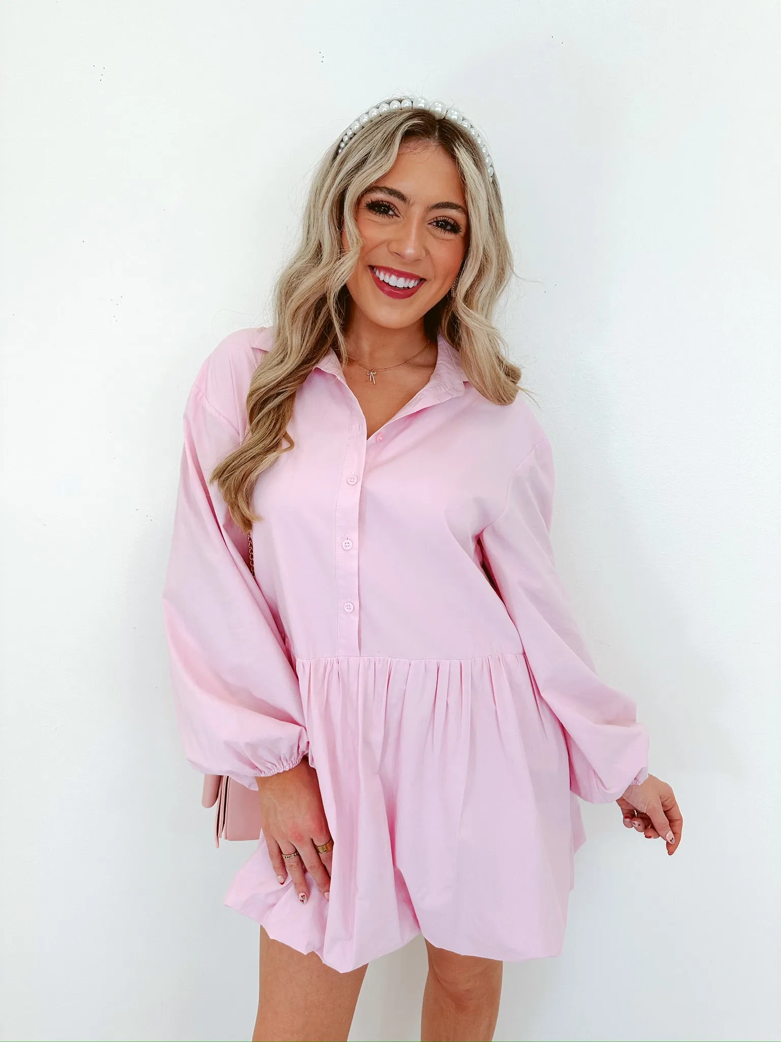 Blissful Sophistication Bubble Hem Mini Dress - Light Pink