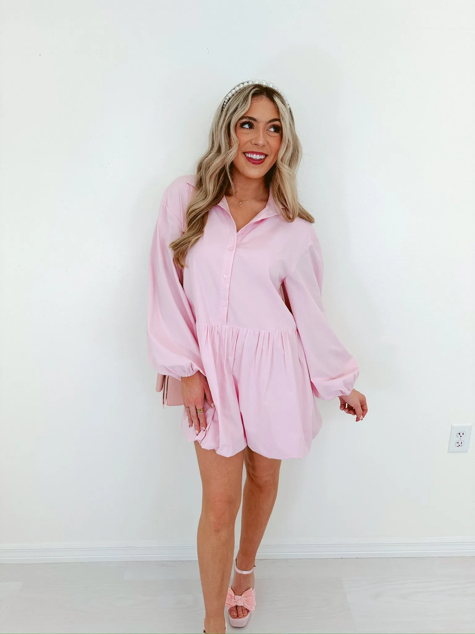 Blissful Sophistication Bubble Hem Mini Dress - Light Pink