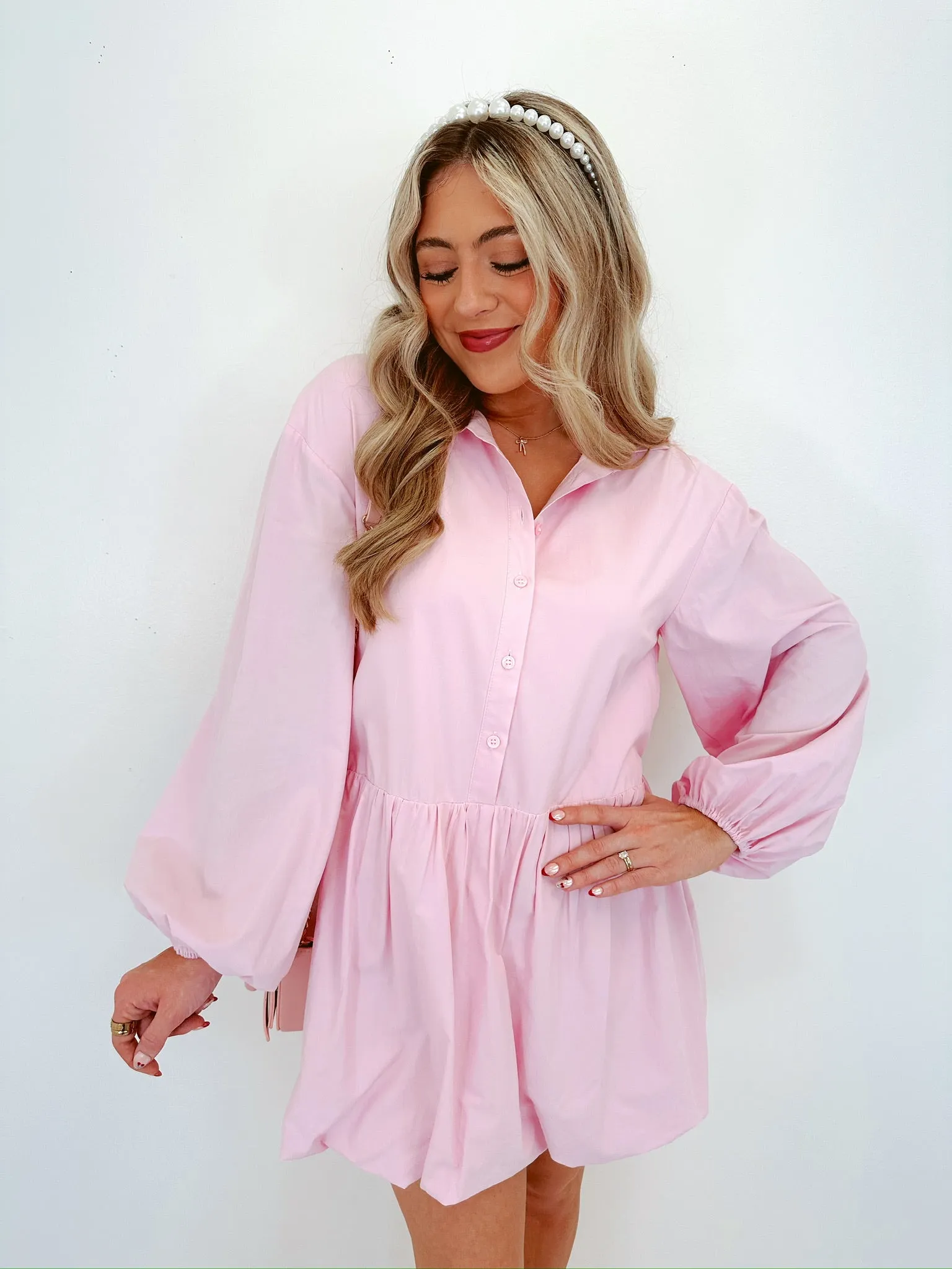 Blissful Sophistication Bubble Hem Mini Dress - Light Pink