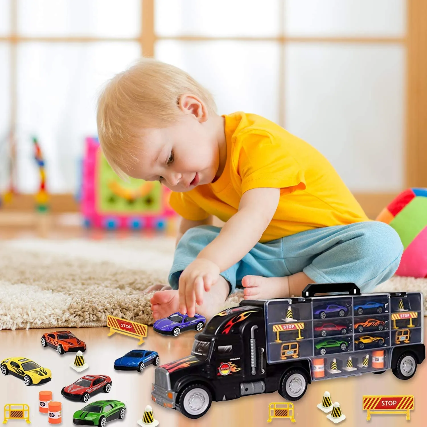 Boredum Busters Transport Carrier with 6 cars & accessories, fits 28 Cars! Age 3  Retails $50 