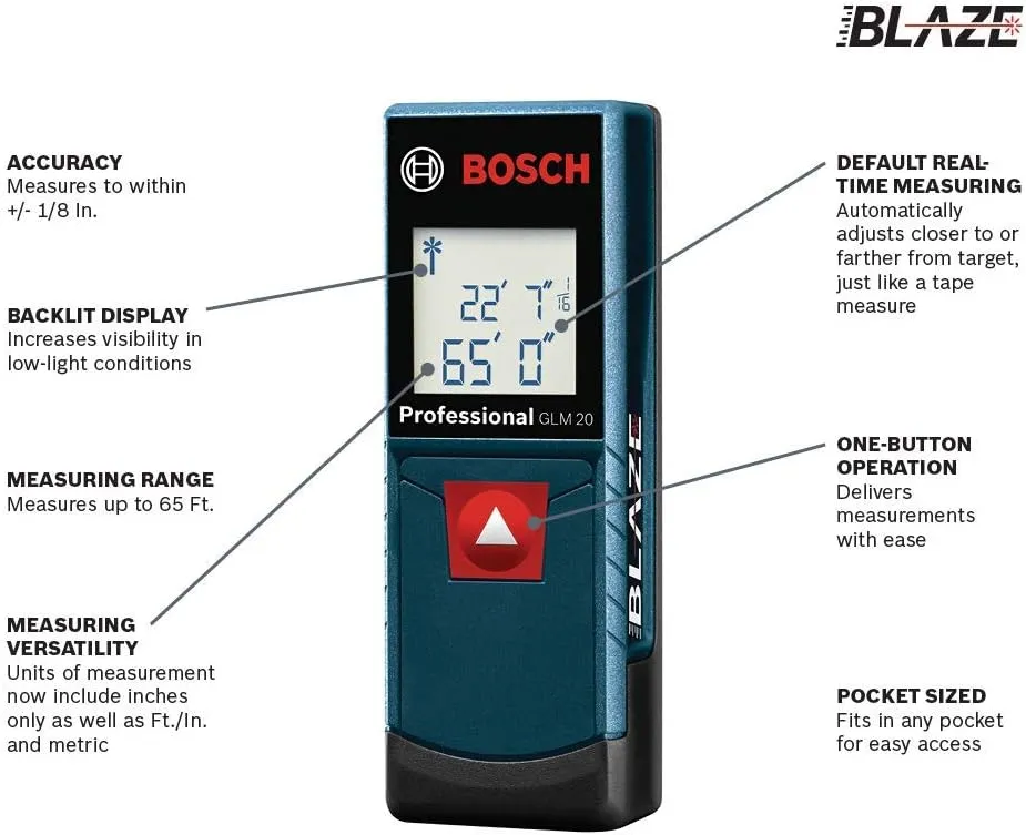 Bosch - GLM20 Blaze 65ft Laser Distance Measure With Real Time Measuring