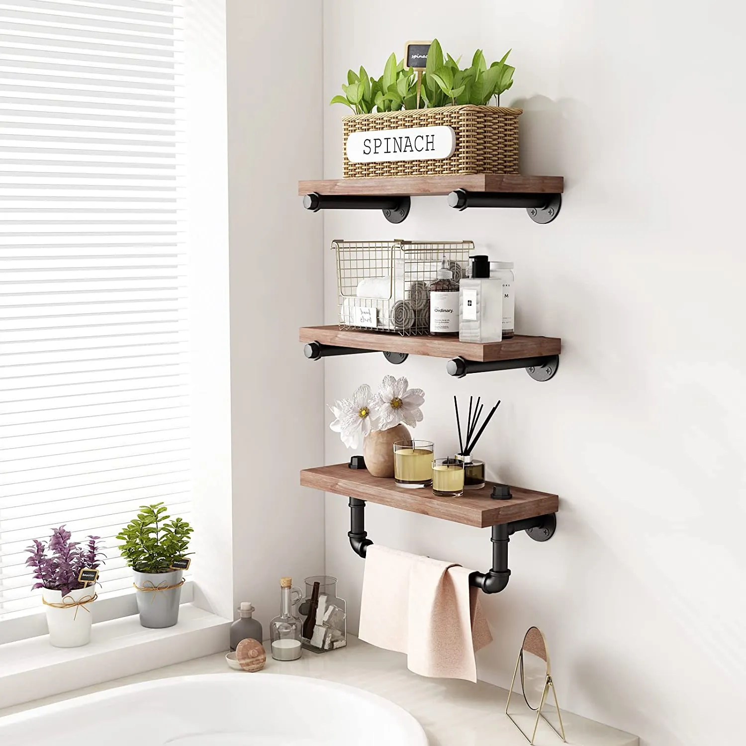 BOSURU Industrial Iron Pipe Shelves Wall Mount Wood Floating Shelf Rustic DIY Storage Shelving with Towel Rack for Bathroom,Living Room,Bedroom(Black,3-Tier)