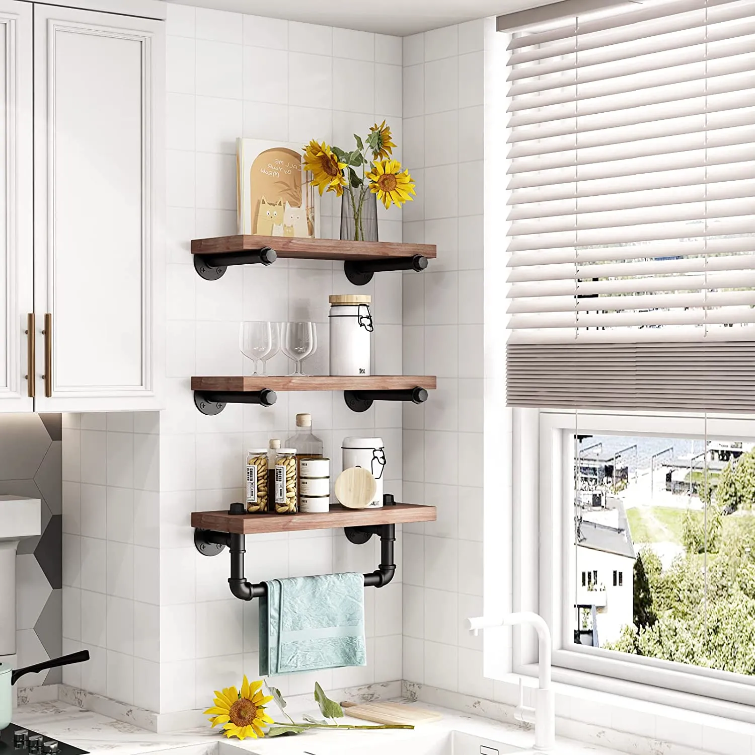 BOSURU Industrial Iron Pipe Shelves Wall Mount Wood Floating Shelf Rustic DIY Storage Shelving with Towel Rack for Bathroom,Living Room,Bedroom(Black,3-Tier)