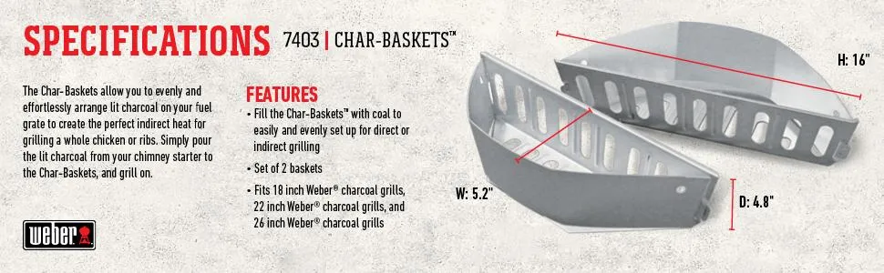 Brand new Weber Char-Baskets! Box is slightly damaged, contents are perfect! these holders allow for convenient indirect cooking.