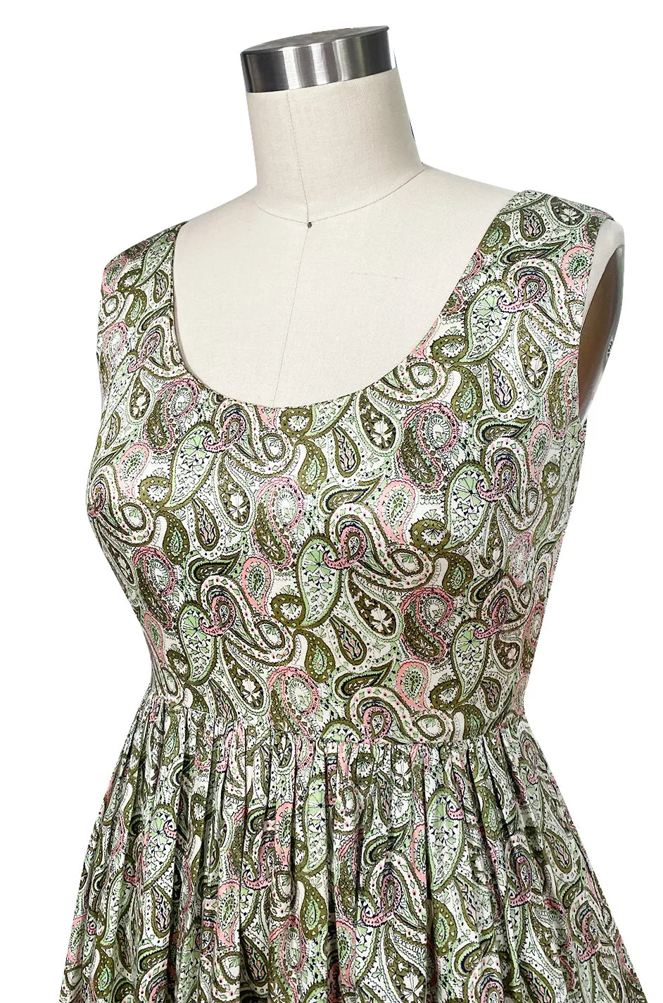 c.1954 Claire McCardell Green & Pink Print Cotton Sun Dress w Belt