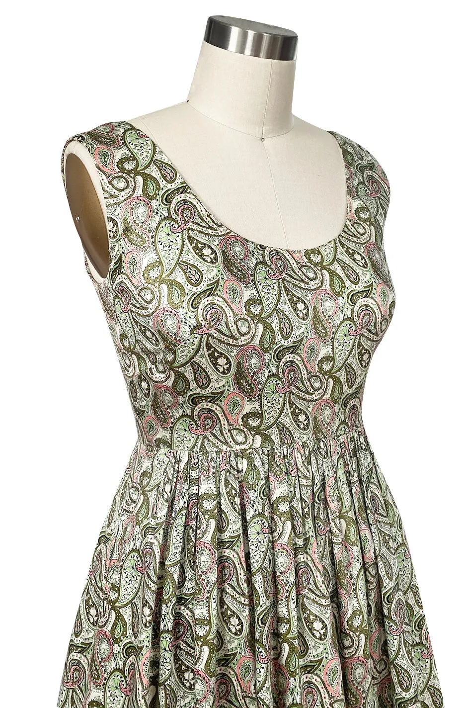 c.1954 Claire McCardell Green & Pink Print Cotton Sun Dress w Belt