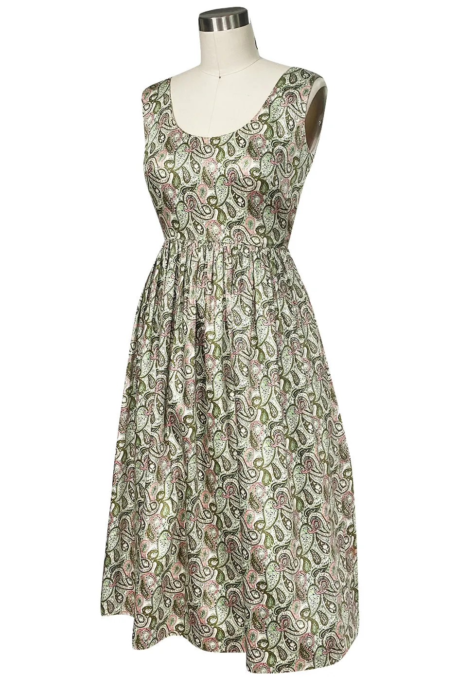 c.1954 Claire McCardell Green & Pink Print Cotton Sun Dress w Belt