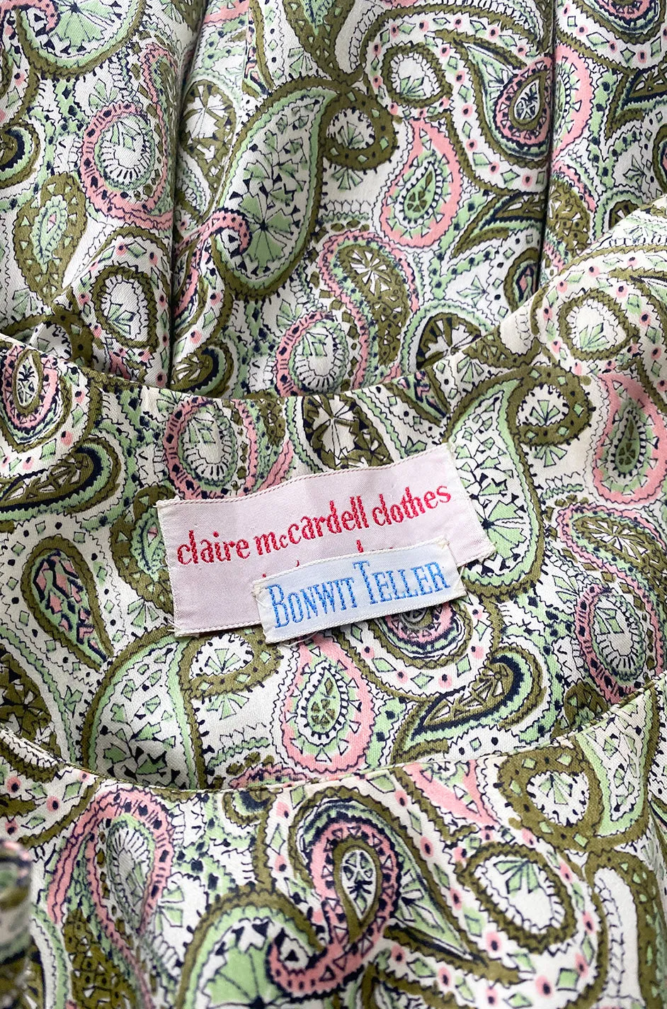 c.1954 Claire McCardell Green & Pink Print Cotton Sun Dress w Belt