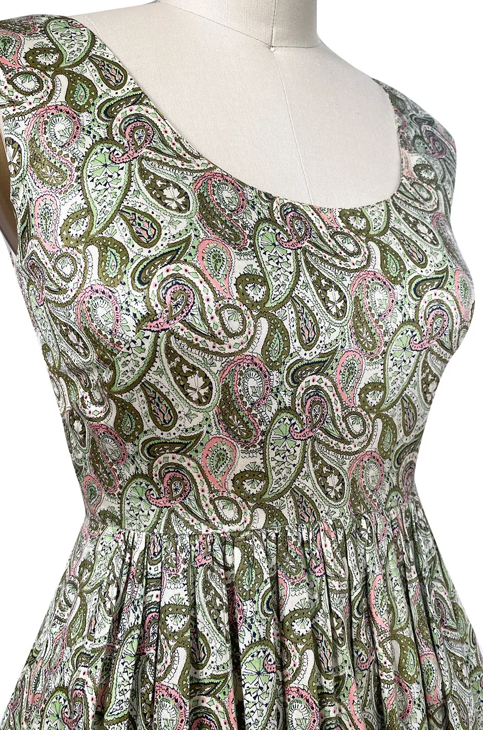 c.1954 Claire McCardell Green & Pink Print Cotton Sun Dress w Belt