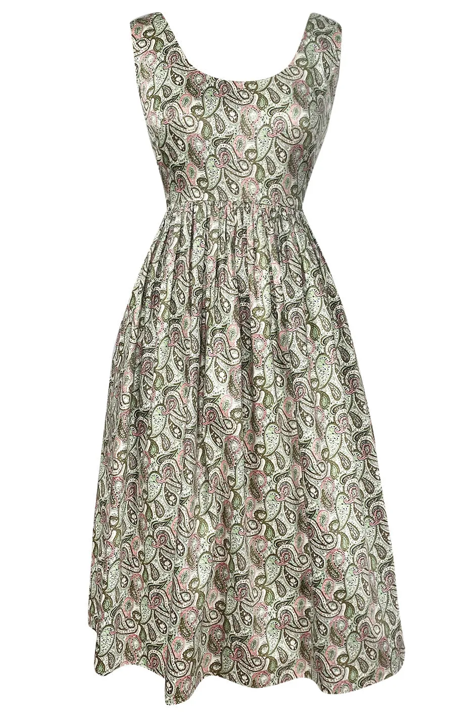 c.1954 Claire McCardell Green & Pink Print Cotton Sun Dress w Belt