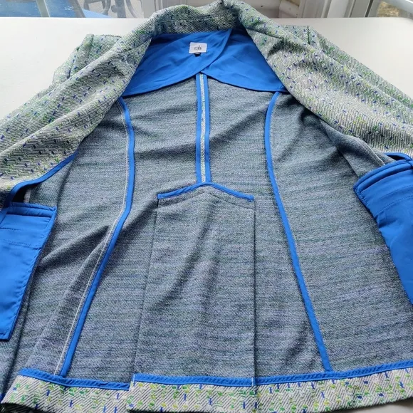 CABI Presentation Blazer L Jacquard Knit Tweed Geometric Green Blue Jacket 6251