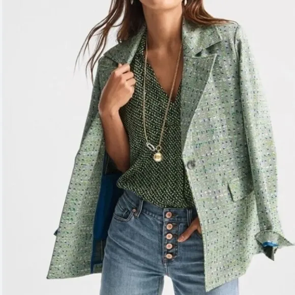 CABI Presentation Blazer L Jacquard Knit Tweed Geometric Green Blue Jacket 6251