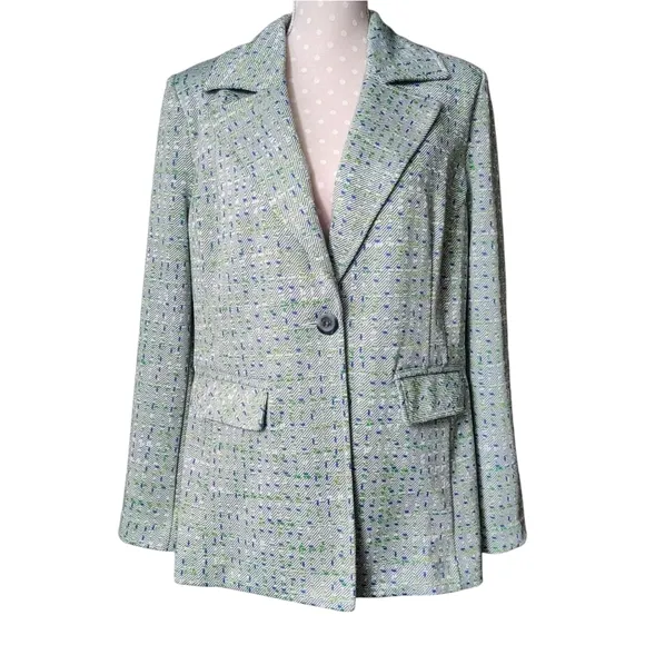 CABI Presentation Blazer L Jacquard Knit Tweed Geometric Green Blue Jacket 6251