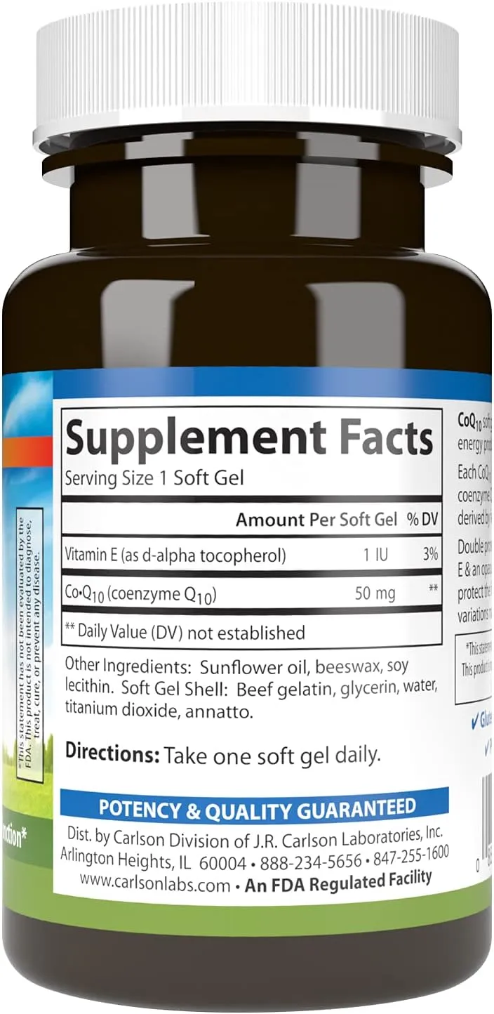 Carlson - Co-Q10, Co-Enzyme Q10, 50 mg, Energy Production & Heart Function, 120 Softgels