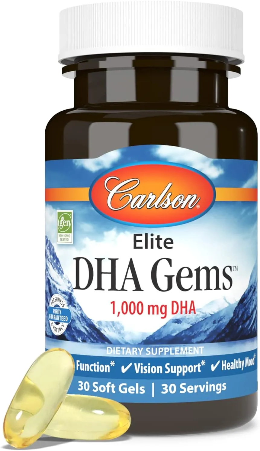 Carlson - Elite DHA Gems, 1000 mg DHA, Supports Healthy Brain Function & Vision, 30 soft gels