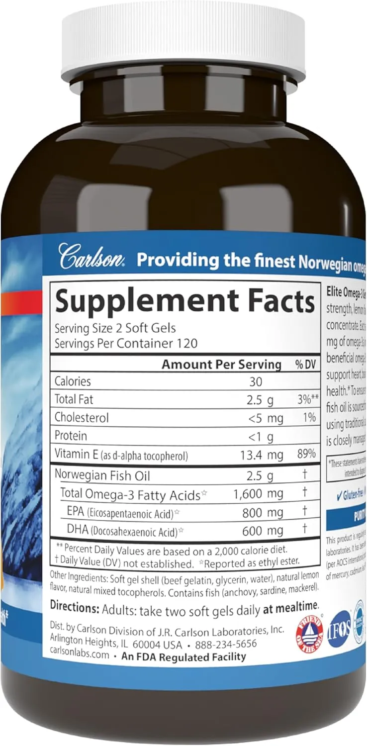 Carlson Elite Omega 3 Gems, 1600mg, Lemon Flavored, 240 Softgels