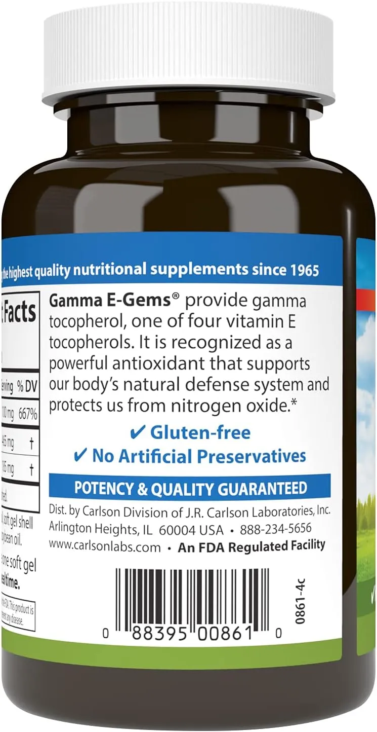 Carlson - Gamma E-Gems, 465 mg, Gamma Tocopherol, Vitamin E Tocopherol, Optimal Wellness, 120 Softgels