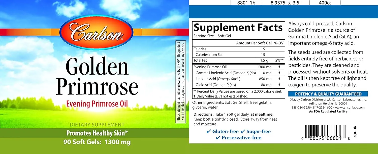 Carlson Labs Golden Primrose, 1300 Mg, 90 Soft Gels, From Laboratories