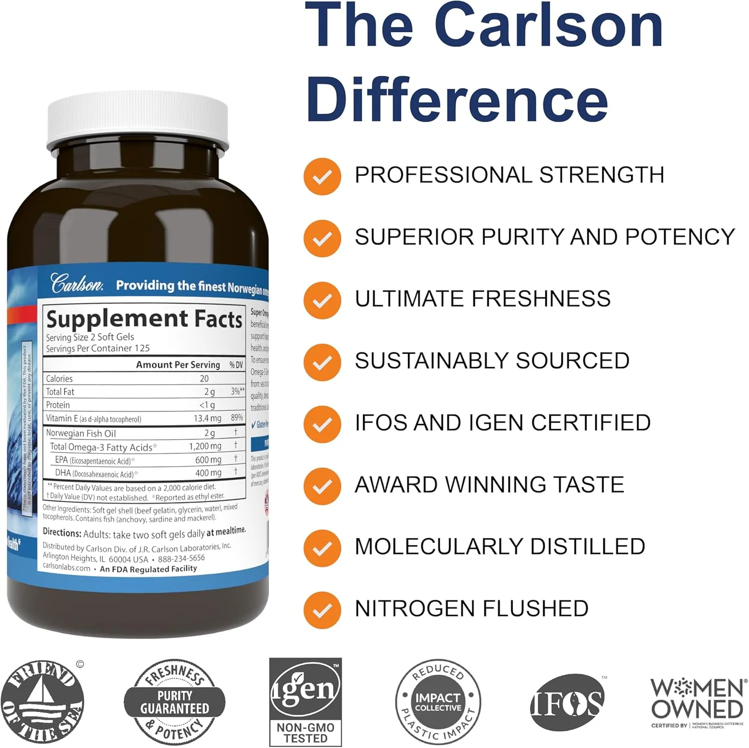 Carlson - Super Omega-3 Gems, 1200 mg Omega-3s, Wild Caught, Sustainably Sourced, 250 soft gels