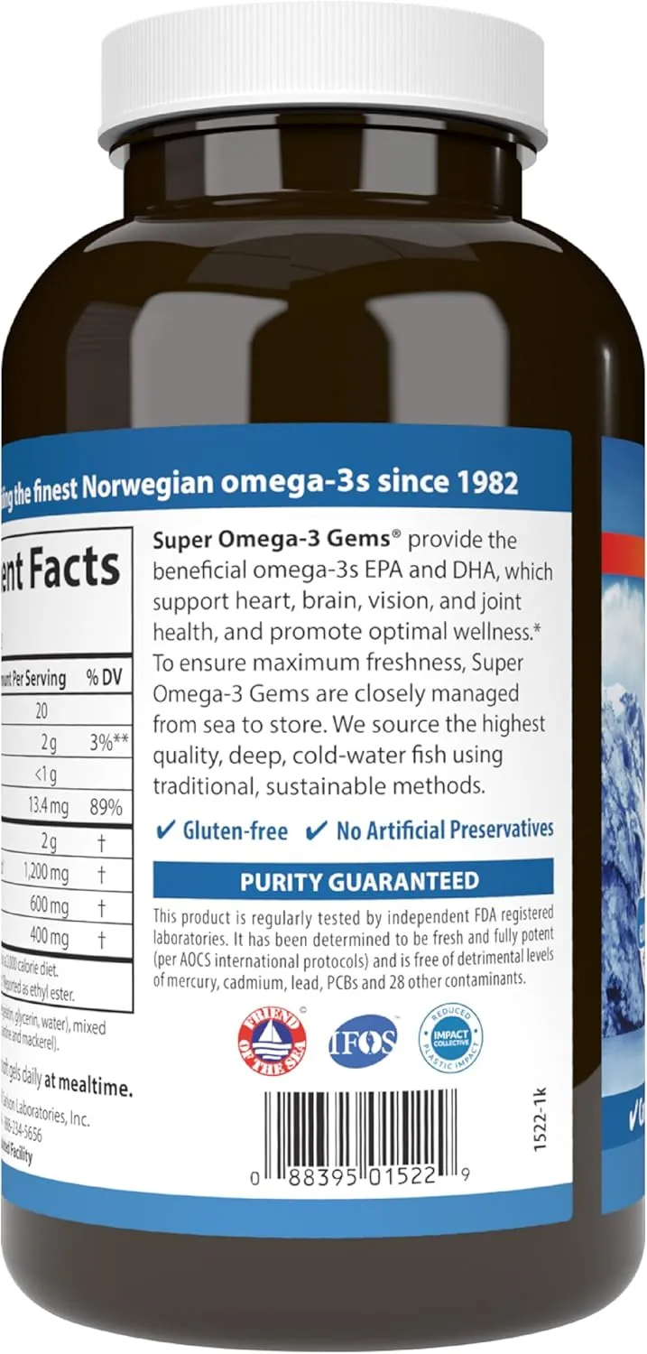 Carlson - Super Omega-3 Gems, 1200 mg Omega-3s, Wild Caught, Sustainably Sourced, 250 soft gels