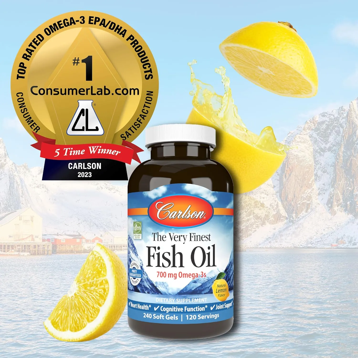 Carlson - The Very Finest Fish Oil, 700 mg Omega-3s, Norwegian Fish Oil Supplement, Wild Caught Omega 3 Fish Oil, Sustainably Sourced Fish Oil Capsules, Omega 3 Supplement, Lemon, 240 Softgels