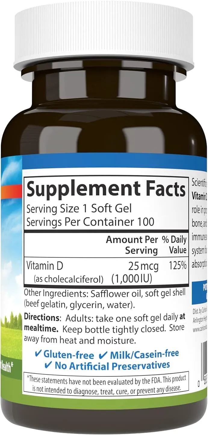 Carlson - Vitamin D3, 1000 IU (25 mcg), Bone Health, Muscle Health, Cholecalciferol, Vitamin D Supplements, Vitamin D3 Soft Gels, 100 Softgels