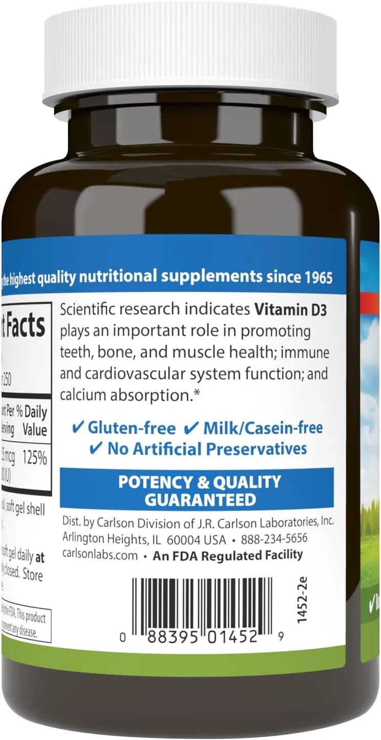 Carlson - Vitamin D3 1,000 IU (25 mcg) Bone Support*, Immune Function*, Heart Health* 250 Soft Gels