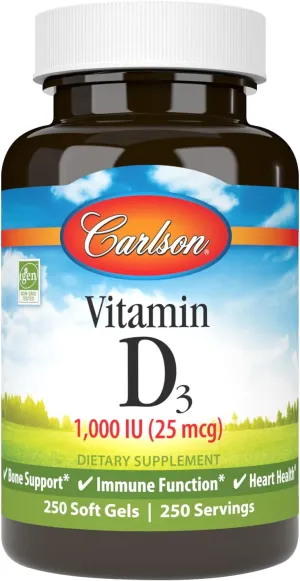 Carlson - Vitamin D3 1,000 IU (25 mcg) Bone Support*, Immune Function*, Heart Health* 250 Soft Gels