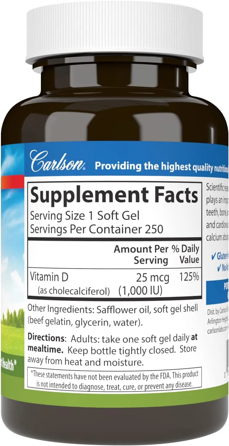 Carlson - Vitamin D3 1,000 IU (25 mcg) Bone Support*, Immune Function*, Heart Health* 250 Soft Gels